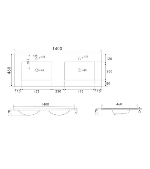 Lavabo da appoggio 385983 in ceramica due vasche 140x46 cm colore bianco lucido
