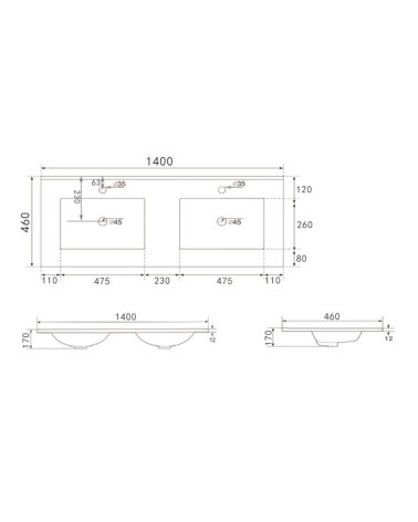 Lavabo da appoggio 385983 in ceramica due vasche 140x46 cm colore bianco lucido