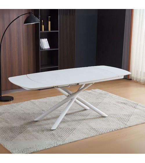 Tavolo girevole automatico allungabile Astrid con piano in ceramica bianco opaco con gambe colore bianco