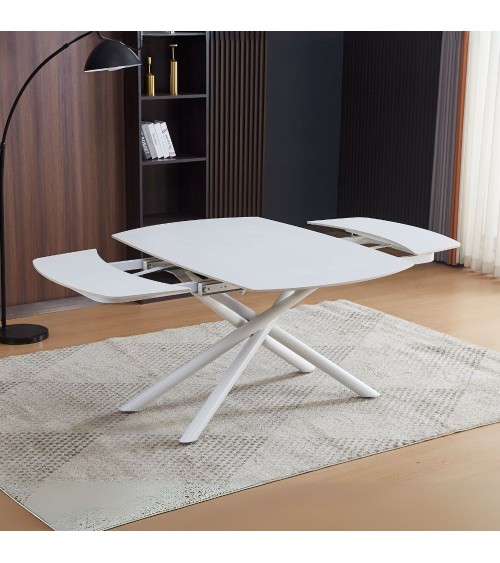Tavolo girevole automatico allungabile Astrid con piano in ceramica bianco opaco con gambe colore bianco
