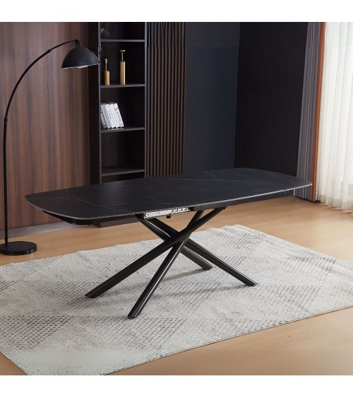 Tavolo girevole automatico allungabile Astrid con piano in ceramica effetto marmo nero opaco con gambe colore nero