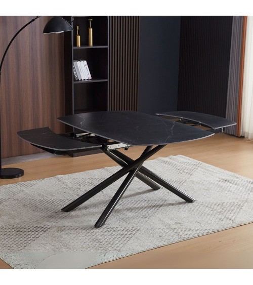 Tavolo girevole automatico allungabile Astrid con piano in ceramica effetto marmo nero opaco con gambe colore nero