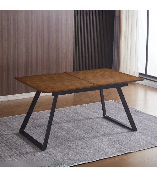 Tavolo allungabile Shelton con piano impiallacciato legno massiccio tinto rovere scuro e gambe in metallo nero
