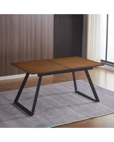 Tavolo allungabile Shelton con piano impiallacciato legno massiccio tinto rovere scuro e gambe in metallo nero