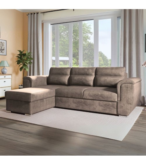 Divano angolare Kendall II con letto estraibile e penisola contenitore reversibile in tessuto Giulia 9703 cappuccino
