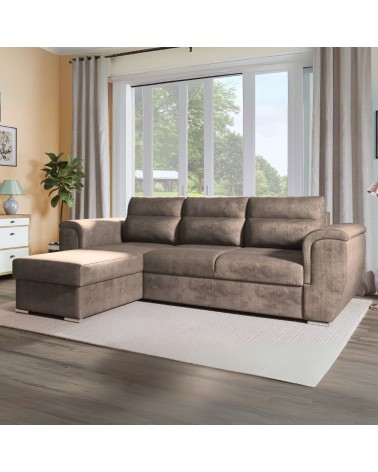Divano angolare Kendall II con letto estraibile e penisola contenitore reversibile in tessuto Giulia 9703 cappuccino