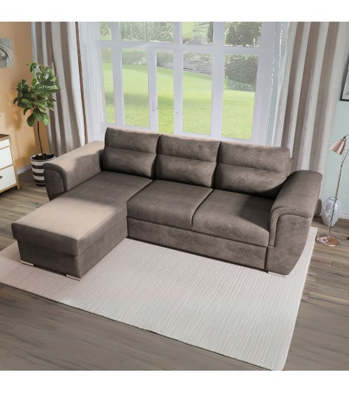 Divano angolare Kendall II con letto estraibile e penisola contenitore reversibile in tessuto Giulia 9703 cappuccino