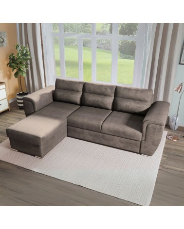 Divano angolare Kendall II con letto estraibile e penisola contenitore reversibile in tessuto Giulia 9703 cappuccino