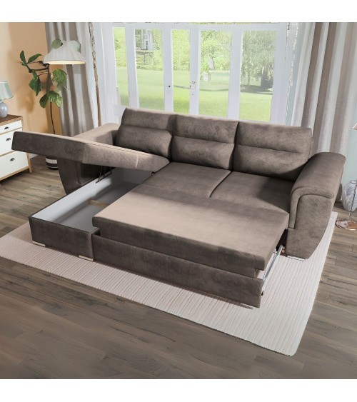 Divano angolare Kendall II con letto estraibile e penisola contenitore reversibile in tessuto Giulia 9703 cappuccino