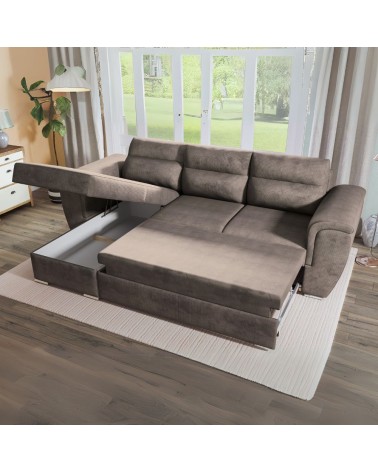 Divano angolare Kendall II con letto estraibile e penisola contenitore reversibile in tessuto Giulia 9703 cappuccino