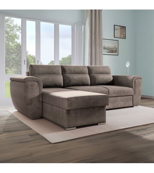 Divano angolare Kendall II con letto estraibile e penisola contenitore reversibile in tessuto Giulia 9703 cappuccino