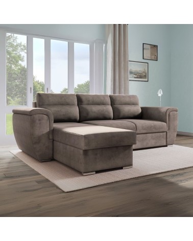 Divano angolare Kendall II con letto estraibile e penisola contenitore reversibile in tessuto Giulia 9703 cappuccino