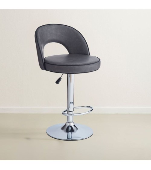 Sgabello Lisa con seduta in ecopelle grigio e gamba in metallo inox