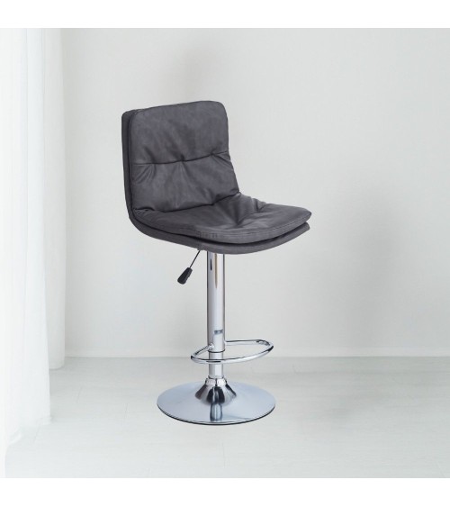 Sgabello Paco con seduta in ecopelle grigio e gamba in metallo inox