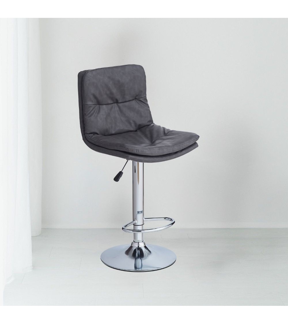 Sgabello Paco con seduta in ecopelle grigio e gamba in metallo inox