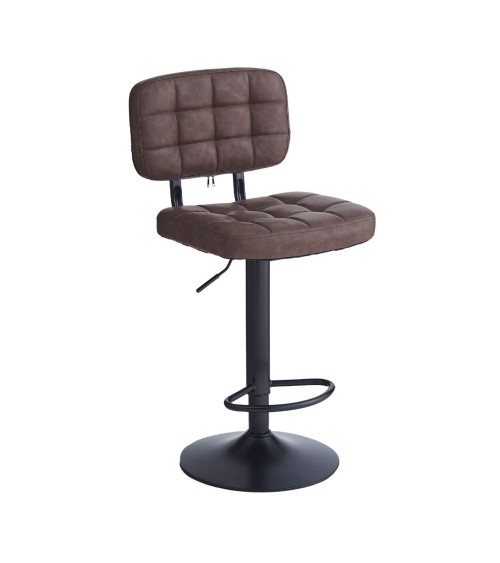 Sgabello Mavi con seduta e schienale in ecopelle brown e gamba in metallo nero
