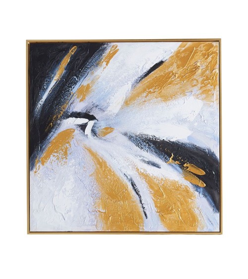 Quadro astratto in oro bianco e nero su tela con cornice oro 80x80 cm. Quadro3