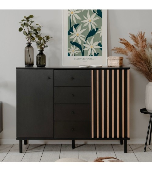 Madia Monza 01B con 2 ante e 4 cassetti colore nero con listelli rovere effetto cannettato