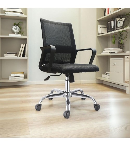 Poltrona da ufficio C8350 con schienale in rete colore nero con base cromata