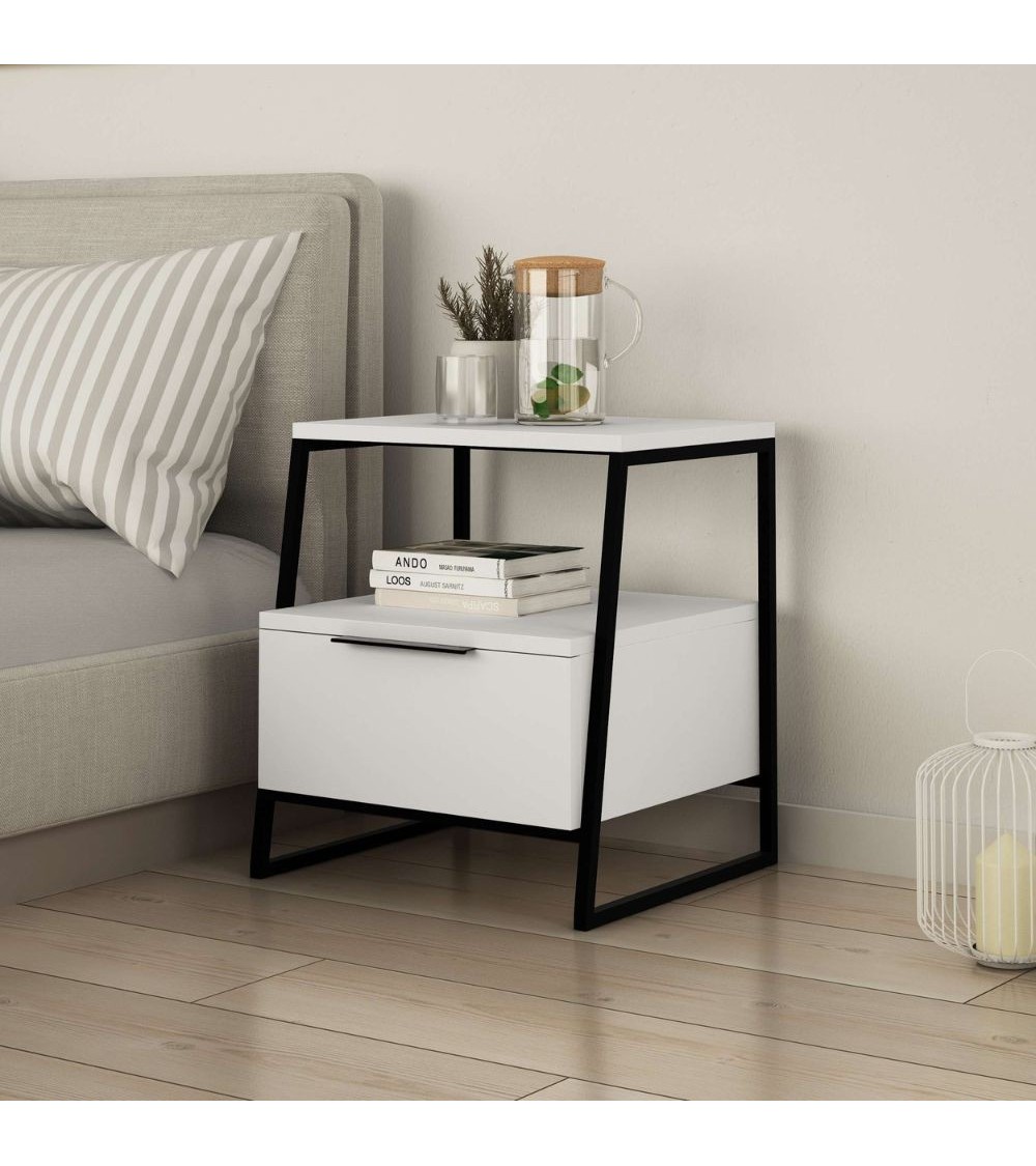 Comodino Pal con struttura bianca e gambe in metallo nero