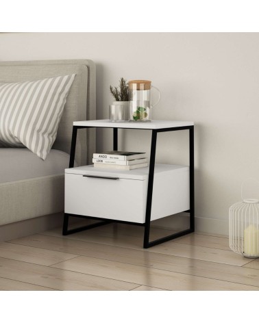 Comodino Pal con struttura bianca e gambe in metallo nero