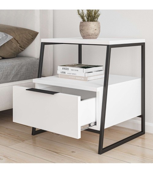 Comodino Pal con struttura bianca e gambe in metallo nero