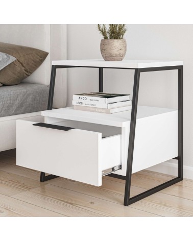 Comodino Pal con struttura bianca e gambe in metallo nero