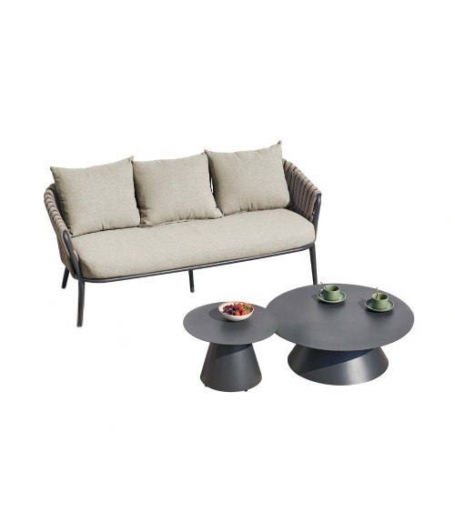 Salottino da esterno Simo composto da divano, due poltrone e doppio tavolino colore antracite, tortora con cuscini beige