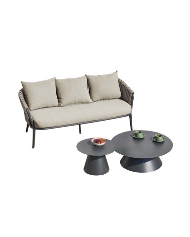 Salottino da esterno Simo composto da divano, due poltrone e doppio tavolino colore antracite, tortora con cuscini beige