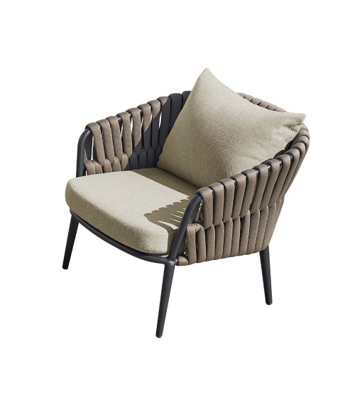 Salottino da esterno Simo composto da divano, due poltrone e doppio tavolino colore antracite, tortora con cuscini beige