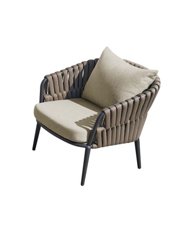 Salottino da esterno Simo composto da divano, due poltrone e doppio tavolino colore antracite, tortora con cuscini beige