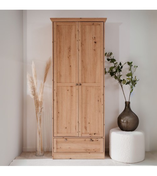 Armadio Timber 40A con 2 ante e 1 cassetto in rovere anticato con pomelli in metallo