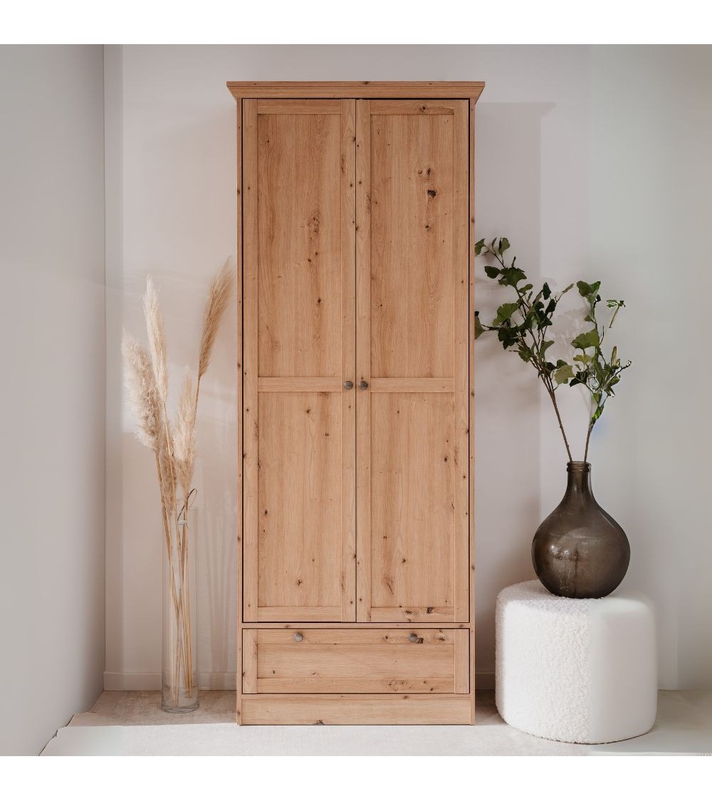 Armadio Timber 40A con 2 ante e 1 cassetto in rovere anticato con pomelli in metallo