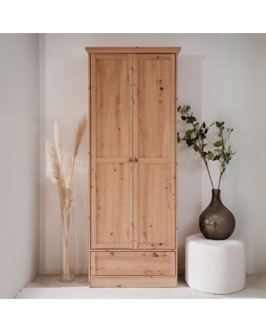 Armadio Timber 40A con 2 ante e 1 cassetto in rovere anticato con pomelli in metallo