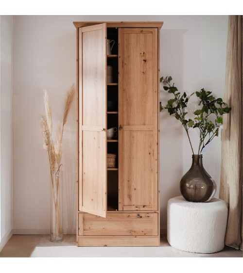 Armadio Timber 40A con 2 ante e 1 cassetto in rovere anticato con pomelli in metallo