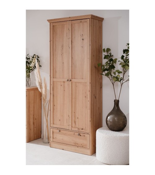 Armadio Timber 40A con 2 ante e 1 cassetto in rovere anticato con pomelli in metallo