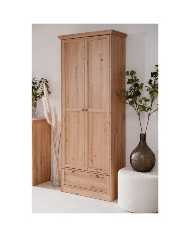 Armadio Timber 40A con 2 ante e 1 cassetto in rovere anticato con pomelli in metallo