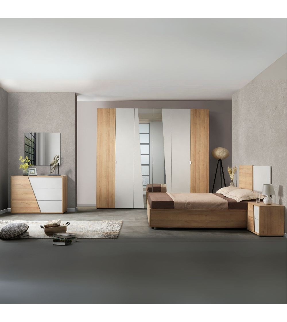 Camere da letto Fadri colore calce grigio chiaro e rovere miele