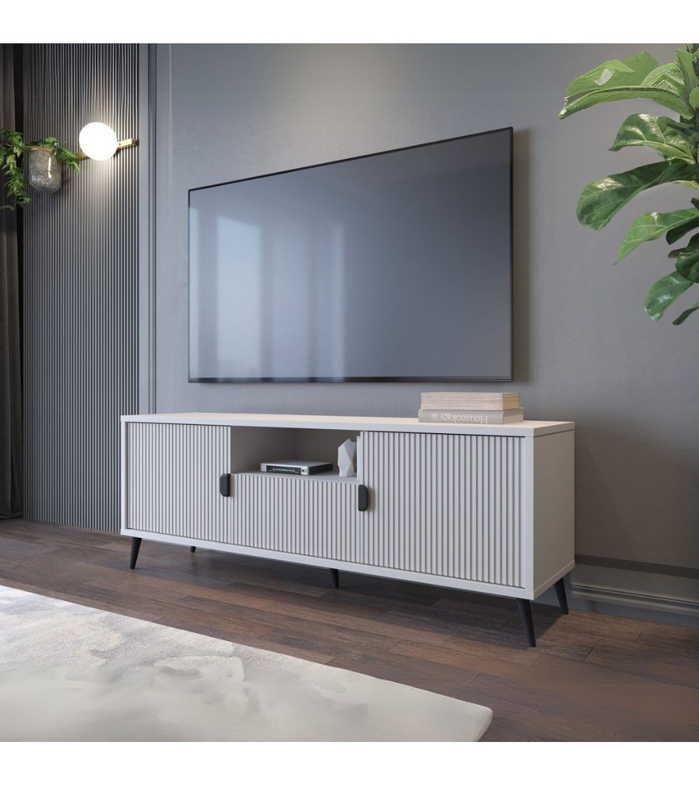 Porta tv Lotus 2 ante effetto cannettato colore cashmere con piedi e maniglie nere