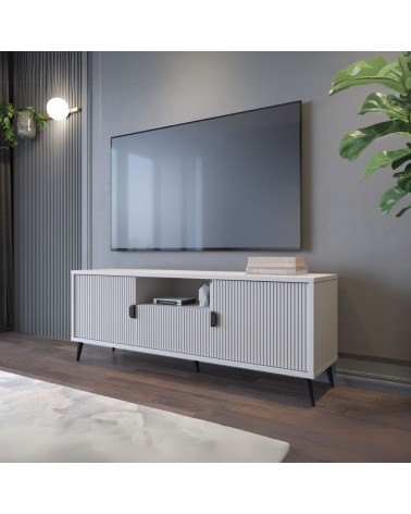 Porta tv Lotus 2 ante effetto cannettato colore cashmere con piedi e maniglie nere