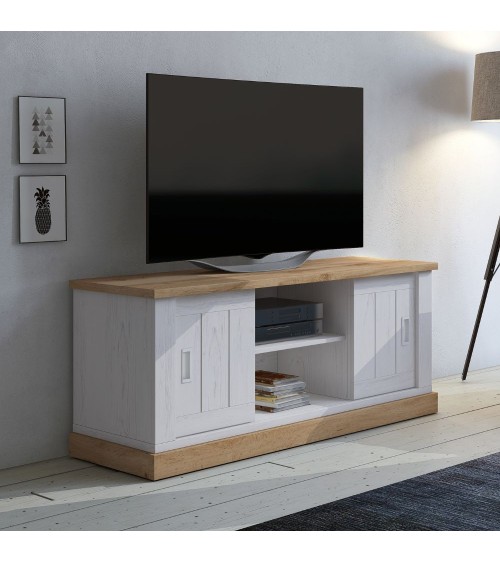 Porta tv Anthony III con 2 ante scorrevoli e vani a giorno colore rovere wotan e anderson pine stile shabby