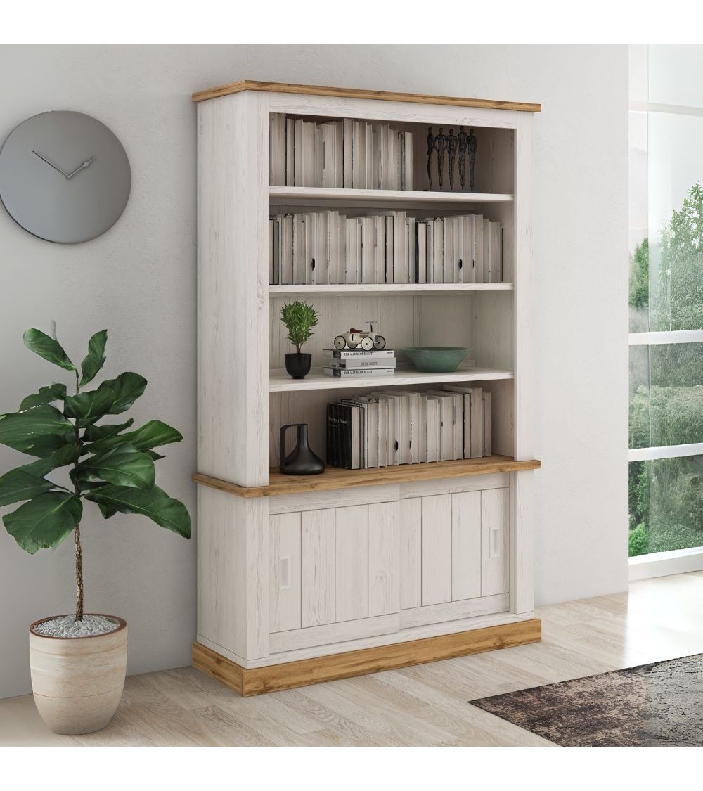 Libreria Anthony III con 2 ante scorrevoli e 3 ripiani colore rovere wotan e anderson pine stile shabby