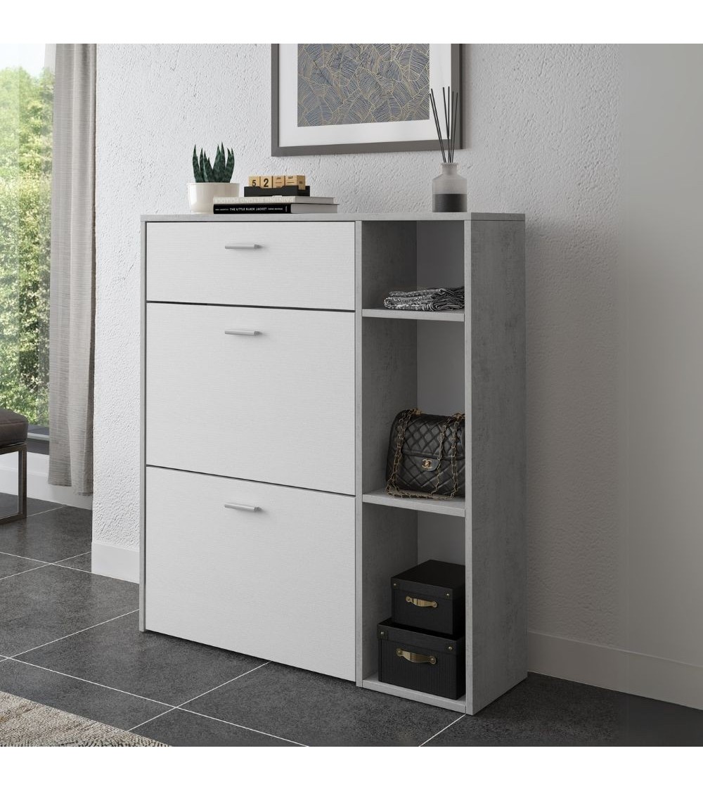 Scarpiera Takimi con 2 ante a ribalta 1 cassetto colore cemento e bianco