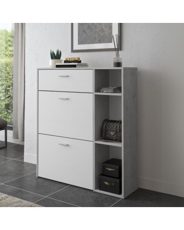 Scarpiera Takimi con 2 ante a ribalta 1 cassetto colore cemento e bianco