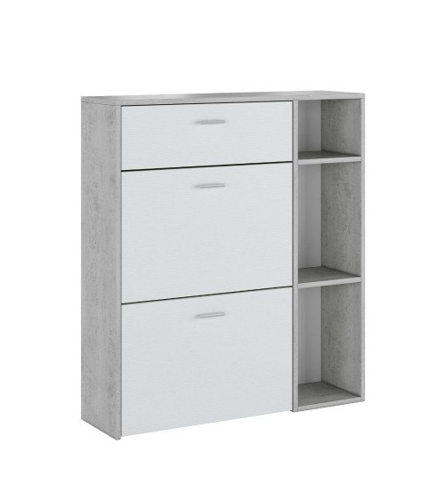 Scarpiera Takimi con 2 ante a ribalta 1 cassetto colore cemento e bianco