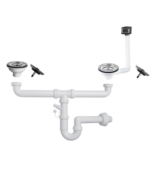 Sifone a 2 vie per lavelli in quarzo con pilettone eco e troppopieno rettangolare con griglia inox