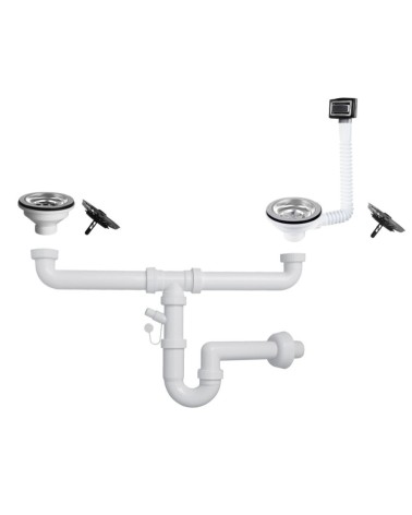 Sifone a 2 vie per lavelli in quarzo con pilettone eco e troppopieno rettangolare con griglia inox