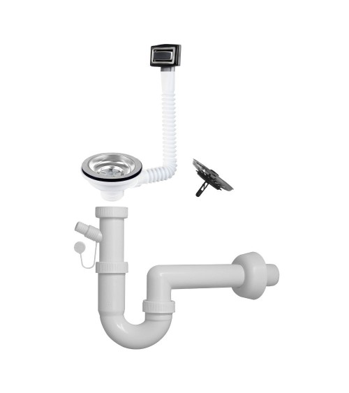 Sifone a 1 via per lavelli in quarzo con pilettone eco e troppo pieno rettangole con griglia inox