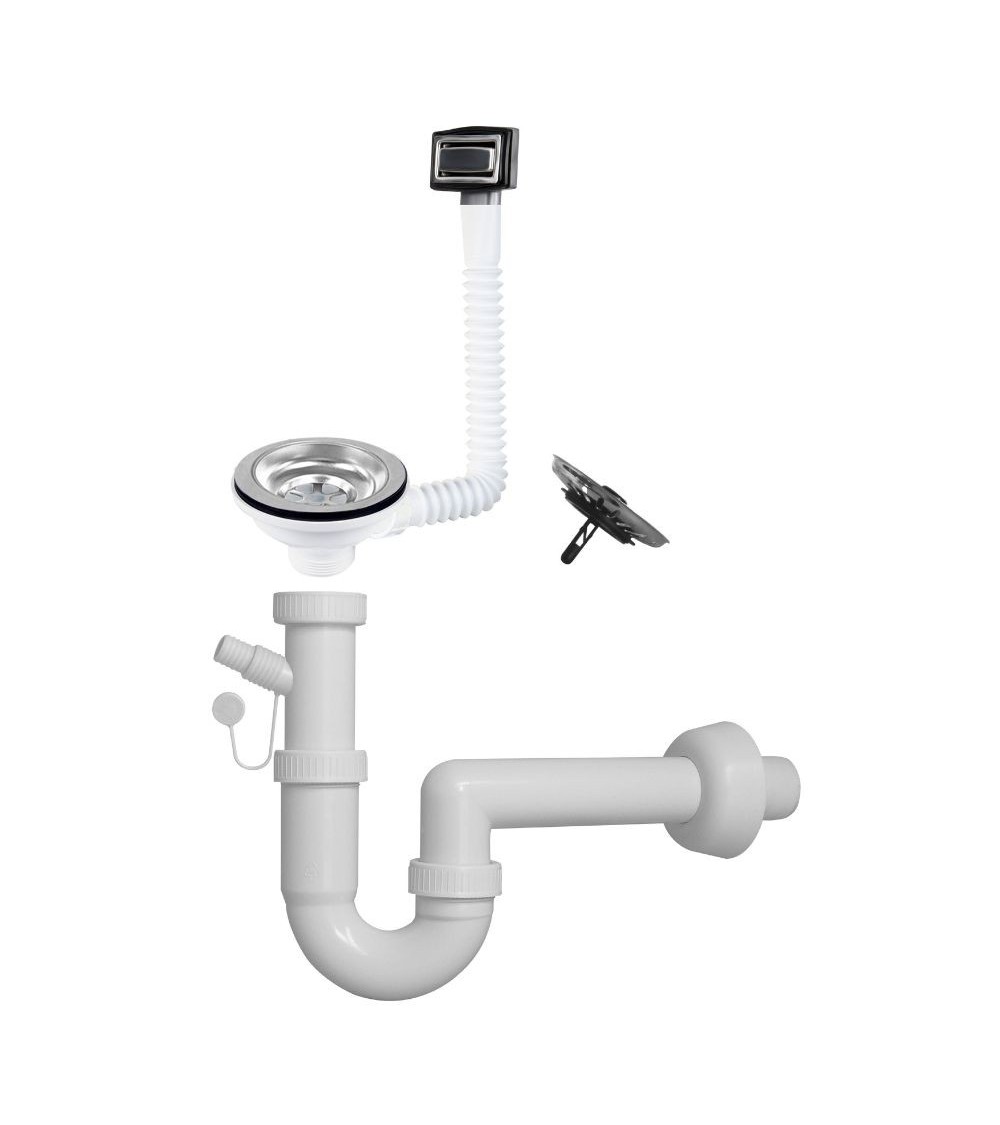 Sifone a 1 via per lavelli in quarzo con pilettone eco e troppo pieno rettangole con griglia inox