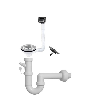Sifone a 1 via per lavelli in quarzo con pilettone eco e troppo pieno rettangole con griglia inox
